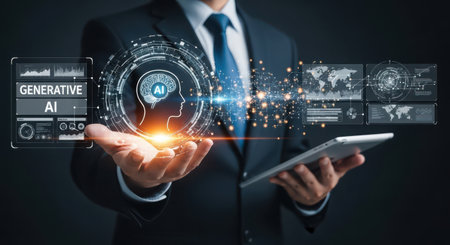 Businessman on blurred background using digital artificial intelligence interface 3D renderingの素材