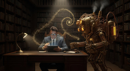Old robot sitting at the table and reading a book. 3d renderingの素材