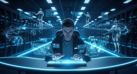 Young man using laptop on abstract background with hologram screens 3D renderingの素材