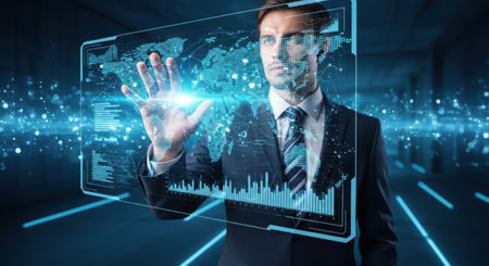Businessman touching hologram screen with digital charts and graphs on dark backgroundの素材