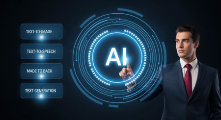 Businessman pressing high tech type of modern buttons on a virtual backgroundの素材