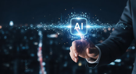 Businessman on blurred background using AI artificial intelligence interface 3D renderingの素材