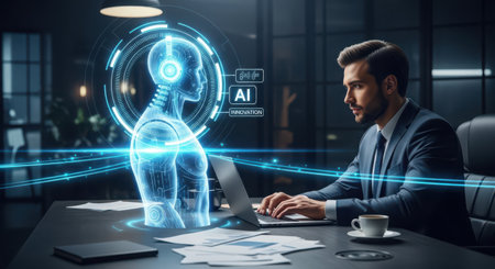 Businessman working on laptop with hologram projection. Artificial intelligence concept. 3D Renderingの素材