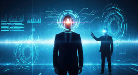 Businessman pressing virtual button on media screen. Future and technology conceptの素材