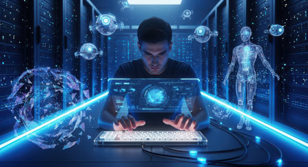 Young man in futuristic server room using futuristic holographic projection 3D renderingの素材