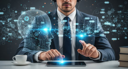 Artificial intelligence (AI) and machine learning concept with businessman using tablet computerの素材