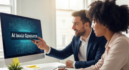 Two business people working together in office. They are using a computer with an artificial intelligence concept.の素材