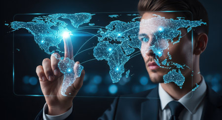 Businessman touching global network hologram on dark background 3D renderingの素材