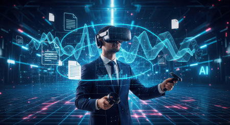 Businessman wearing virtual reality goggles and using mobile phone with hologram graphs over dark backgroundの素材