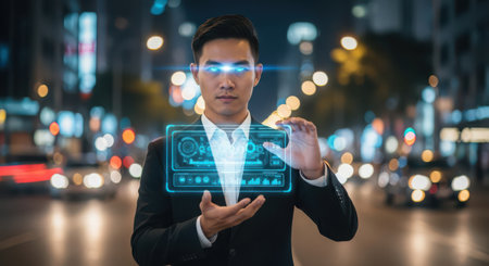 Businessman using smart phone with virtual screen in city street at nightの素材