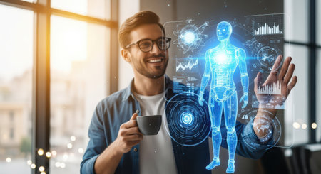 smiling man in eyeglasses holding cup of coffee and digital x-ray hologramの素材