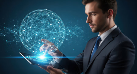 Businessman using tablet with global network connection concept. 3D renderingの素材