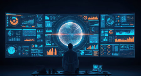 Silhouette of a hacker in front of glowing screens with charts and graphs. Toned image double exposureの素材