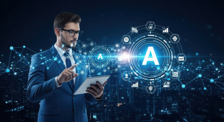 Businessman using digital tablet with AI abbreviation, modern technology conceptの素材