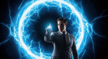 Young businessman in suit touching icon of lightning. Power and electricity conceptの素材