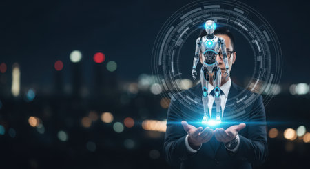 Robot humanoid use augmented reality software to control human behavior. The concept of artificial intelligence for industrial revolution and automation manufacturing process.の素材