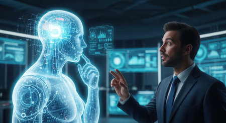Businessman in suit looking at hologram artificial intelligence interface 3D renderingの素材
