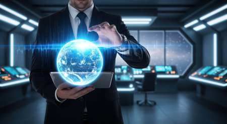 Businessman holding tablet with earth hologram over modern office background 3D renderingの素材