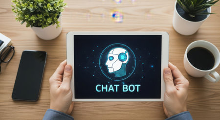 Chatbot on tablet screen. Artificial intelligence and machine learning concept.の素材