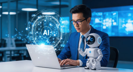 AI humanoid robot working on laptop computer in modern office with artificial intelligence concept.の素材