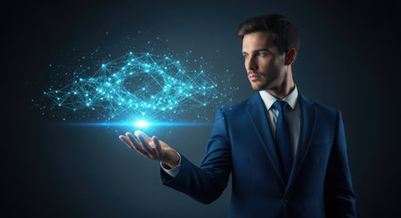 Businessman holding hologram network in his hands. 3D renderingの素材