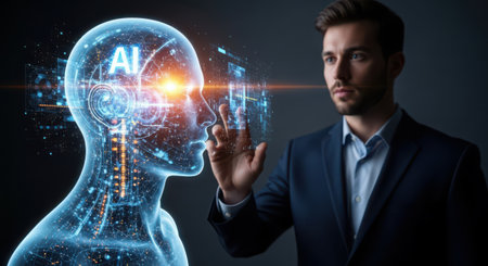 Artificial intelligence (AI) and machine learning concept. Businessman using artificial intelligence (AI) and machine learning interface.の素材