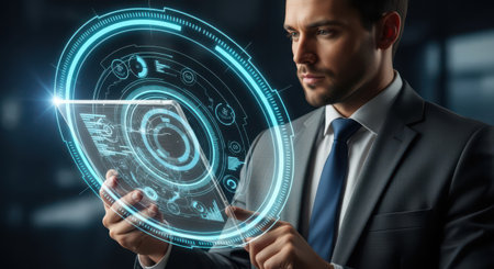 Businessman using tablet with futuristic HUD hologram. Future technology conceptの素材