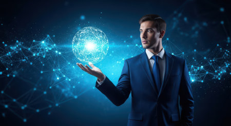Businessman in blue suit holding global network hologram. 3D renderingの素材