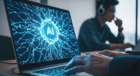 Cyber security theme hologram with businessman working on laptop computer on backgroundの素材