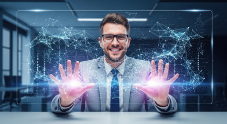 Businessman using digital hologram screen with connection concept. 3D Renderingの素材