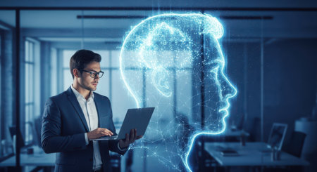 Businessman using laptop with brain hologram. Artificial intelligence concept. 3D Renderingの素材