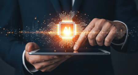 Businessman using tablet computer with circuit board hologram. Technology concept.の素材