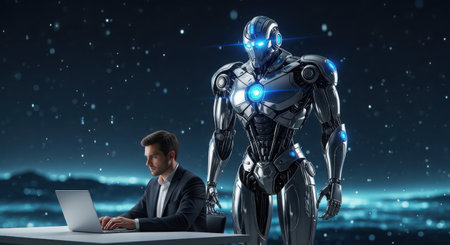 Businessman and robot working together with laptop. 3d rendering.の素材