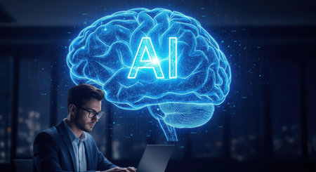 Businessman using laptop with glowing AI brain hologram. Artificial intelligence concept. 3D Renderingの素材