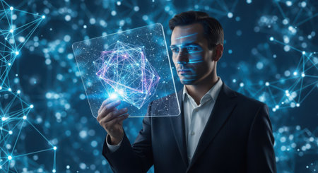 Businessman on blurred background using 3D rendering holographic projection of blockchain technologyの素材