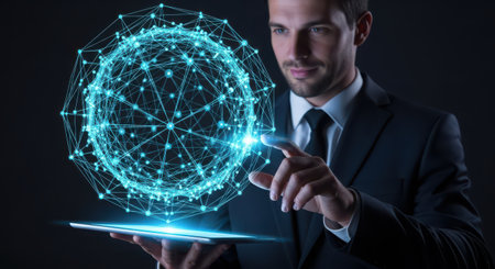 Businessman using tablet with hologram sphere. Internet and technology concept.の素材