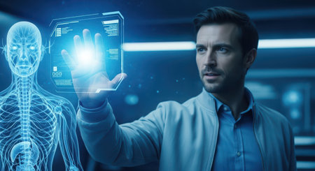 Handsome scientist touching hologram screen against dark blue background 3D renderingの素材