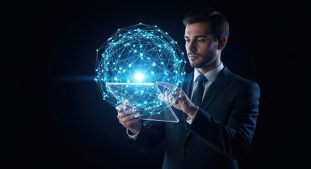 Businessman using tablet with global network hologram. 3D renderingの素材