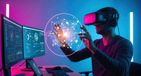 Young man in virtual reality headset using computer. Future technology concept.の素材