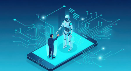 Isometric Artificial intelligence concept. Robot humanoid working with human worker on smartphone screen.の素材