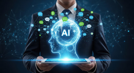 AI Artificial intelligence (AI) and machine learning concept. Businessman holding a tablet with artificial intelligence (AI) icon.の素材