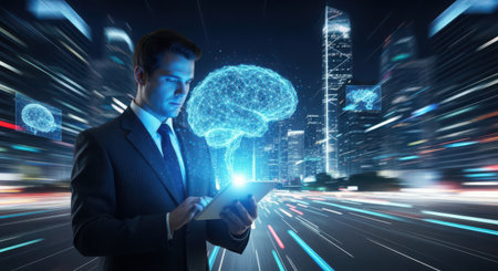 Businessman using tablet with brain hologram over modern city at nightの素材