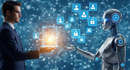 Robot and human interaction concept. 3d rendering robot and humanの素材