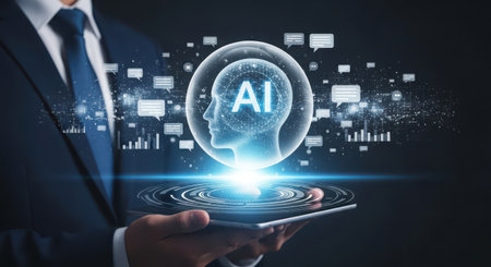 AI Artificial intelligence and machine learning technology concept. Businessman holding a tablet with AI artificial intelligence and machine learning concept.の素材