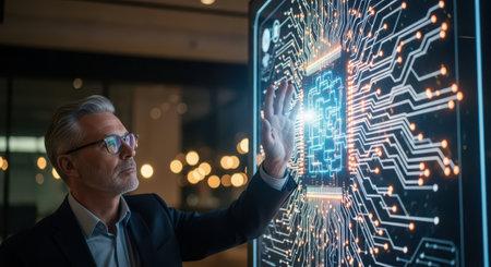 Senior businessman working on a digital circuit board in office 3D renderingの素材