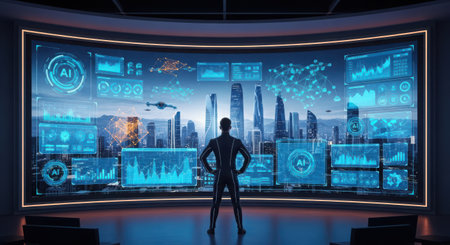 Back view of businessman looking at hologram screens in office interior with city viewの素材