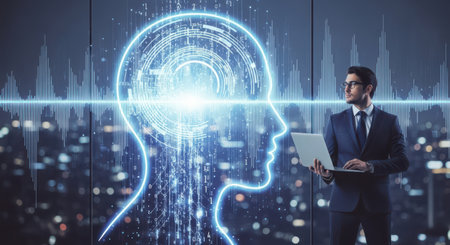 Businessman with laptop and brain hologram over cityscape background. Artificial intelligence concept. Double exposureの素材
