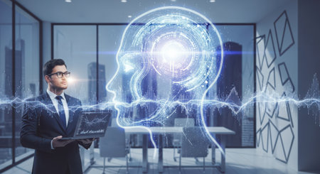 Businessman using laptop with glowing head sketch on blurry office interior background. Artificial intelligence concept. Double exposureの素材