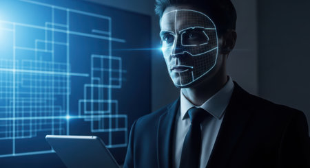 Concept of face recognition. 3d rendering toned image double exposureの素材