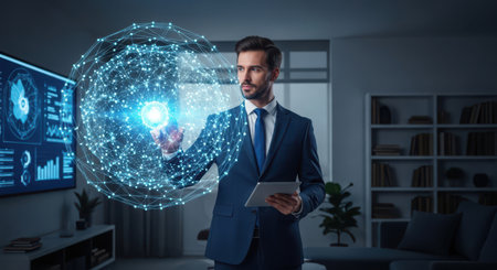 Businessman using digital hologram with his tablet in office 3D renderingの素材